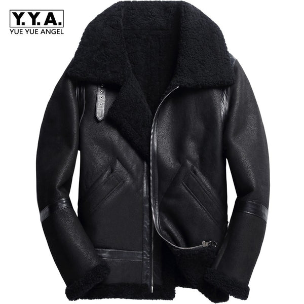 Brand Runway Men Genuine Leather Jacket Warm Lamb Wool Real Fur Lining Winter Biker Coat 6XL Shearling Aviator Jacket Streetwear