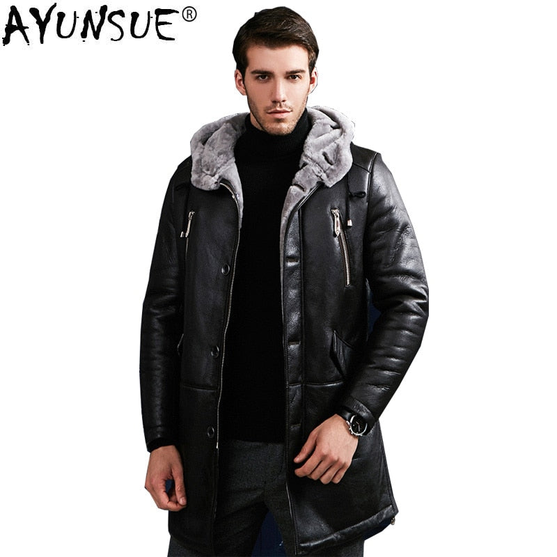 AYUNSUE Genuine Leather Jacket Men Winter Warm Double-faced Fur Coat Natural Real Wool Fur Coat Plus Size Jaqueta De Couro ZL373