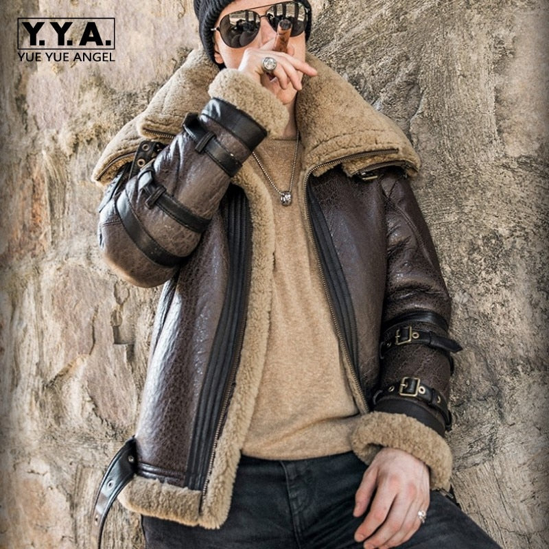 Italy Luxury Men Winter Shearling Real Fur Jacket 6XL Biker Sheepskin Genuine Leather Coat Thick Warm Fur Lining Military Jacket