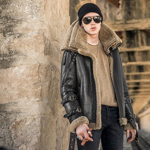 Italy Luxury Men Winter Shearling Real Fur Jacket 6XL Biker Sheepskin Genuine Leather Coat Thick Warm Fur Lining Military Jacket