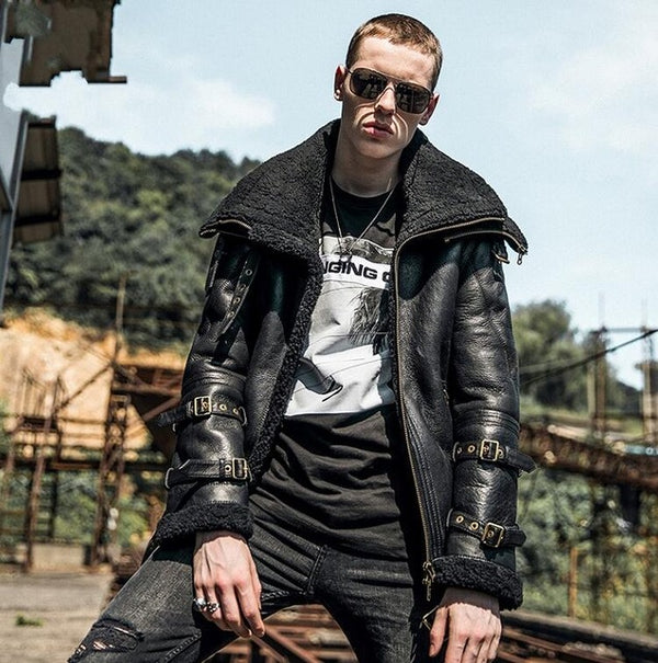 Italy Luxury Men Winter Shearling Real Fur Jacket 6XL Biker Sheepskin Genuine Leather Coat Thick Warm Fur Lining Military Jacket