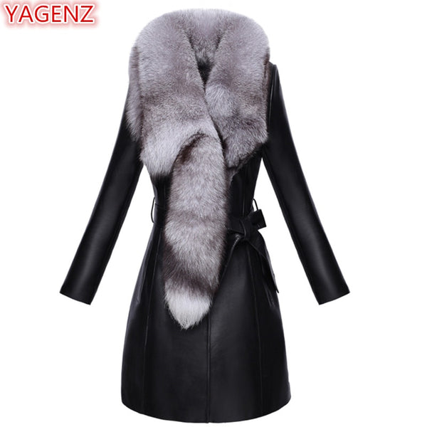 YAGENZ Plus size Leather Jacket Women High-quality Faux Leather Jacket Winter Fur Coat Fox Fur Collar Coat Quality Assurance 602