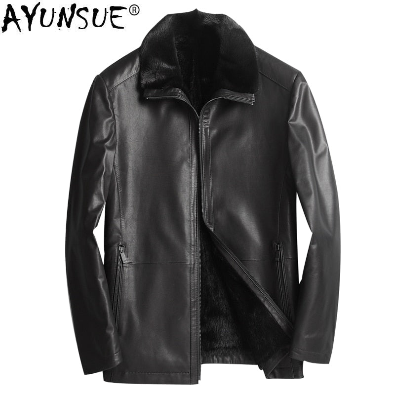 AYUNSUE Genuine Cow Leather Jacket Men Natural Mink Fur Liner Winter Cowhide Leather Jackets Luxury Mens Mink Coat 418c KJ1280