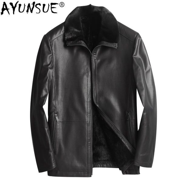 AYUNSUE Genuine Cow Leather Jacket Men Natural Mink Fur Liner Winter Cowhide Leather Jackets Luxury Mens Mink Coat 418c KJ1280
