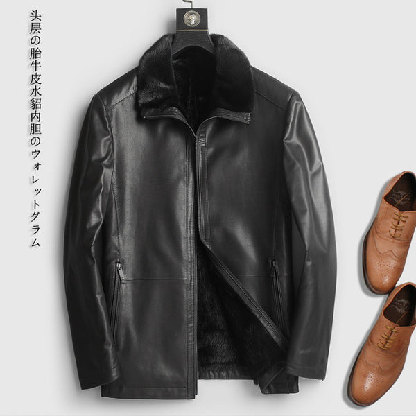 AYUNSUE Genuine Cow Leather Jacket Men Natural Mink Fur Liner Winter Cowhide Leather Jackets Luxury Mens Mink Coat 418c KJ1280