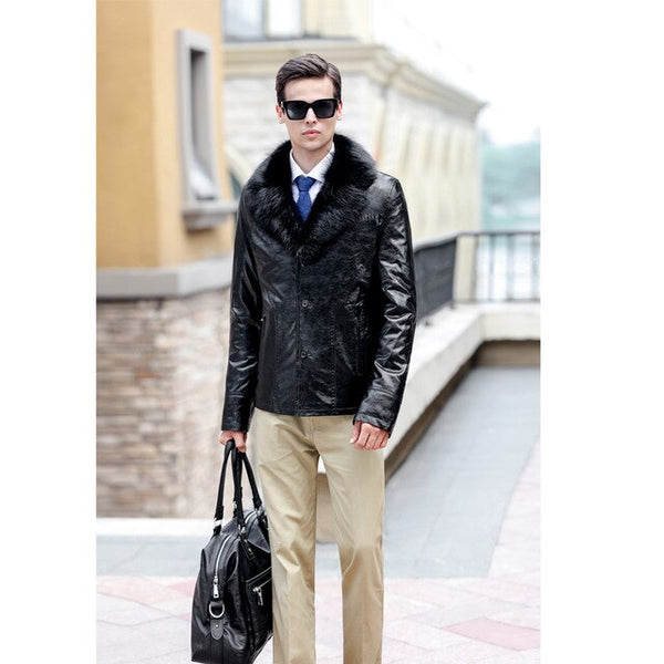 2019 Men's Leather Jacket Lambswool Genuine Leather Jacket Men Thick Raccoon Fur Collar Jaqueta Couro Masculino Plus Size 980