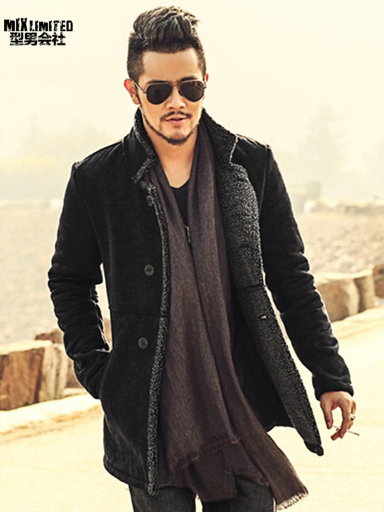 PU Leather Jacket Men Long Wool Leather Standing Collar Jackets Coat Men Leather Jackets With Fur Trench Parka F1066
