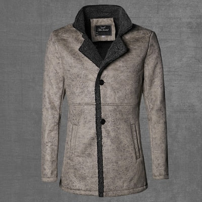 PU Leather Jacket Men Long Wool Leather Standing Collar Jackets Coat Men Leather Jackets With Fur Trench Parka F1066