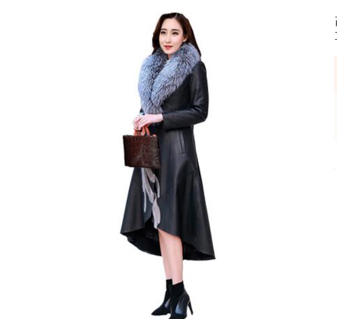 Plus size long windbreaker Leather jacket Female 2019 winter Fox fur collar leather jacket for women coat warm Leather Outerwear