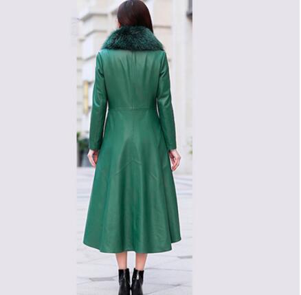 Plus size long windbreaker Leather jacket Female 2019 winter Fox fur collar leather jacket for women coat warm Leather Outerwear