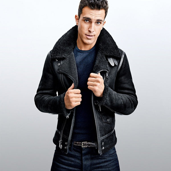 Winter Men Original Natural Shearling Air Force Coat Sheep Fur Lining Motorycle Jacket Slim Fit Genuine Leather Aviator Jackets
