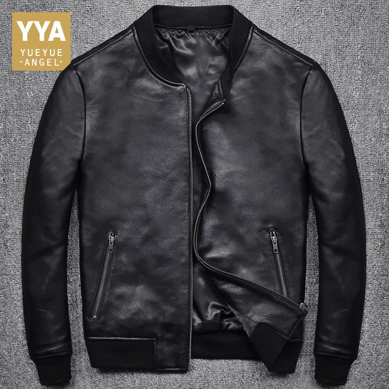 2019 New Fashion Men Black Short Biker Jackets Slim Fit Genuine Leather Jacket Casual Pocket Zipper Male Coats Plus Size S-5XL