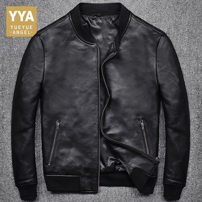 2019 New Fashion Men Black Short Biker Jackets Slim Fit Genuine Leather Jacket Casual Pocket Zipper Male Coats Plus Size S-5XL