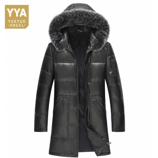 Hot 100% Genuine Leather Down Jacket 2019 Hooded Warm Long Man Coat Top Quality Luxury Sheepskin Leather Jacket Large Size L-5XL