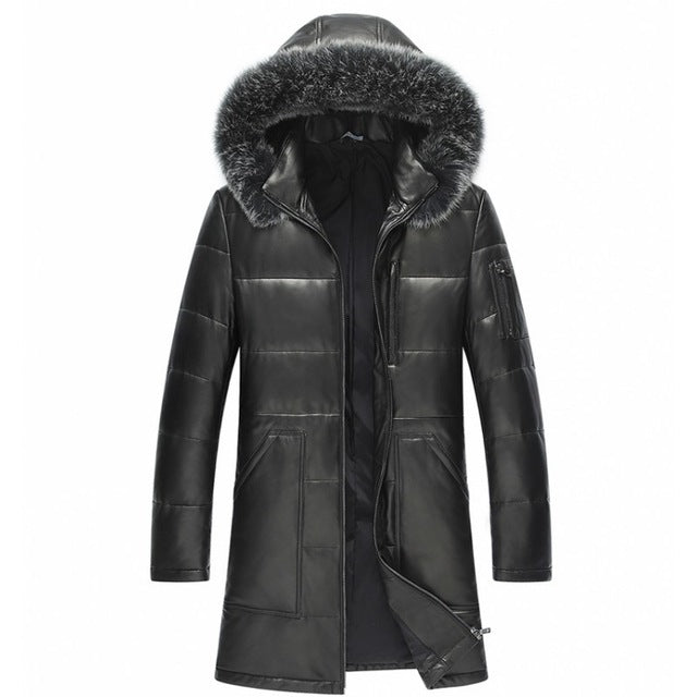 Hot 100% Genuine Leather Down Jacket 2019 Hooded Warm Long Man Coat Top Quality Luxury Sheepskin Leather Jacket Large Size L-5XL