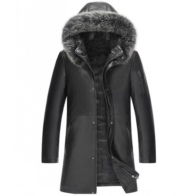 Hot 100% Genuine Leather Down Jacket 2019 Hooded Warm Long Man Coat Top Quality Luxury Sheepskin Leather Jacket Large Size L-5XL