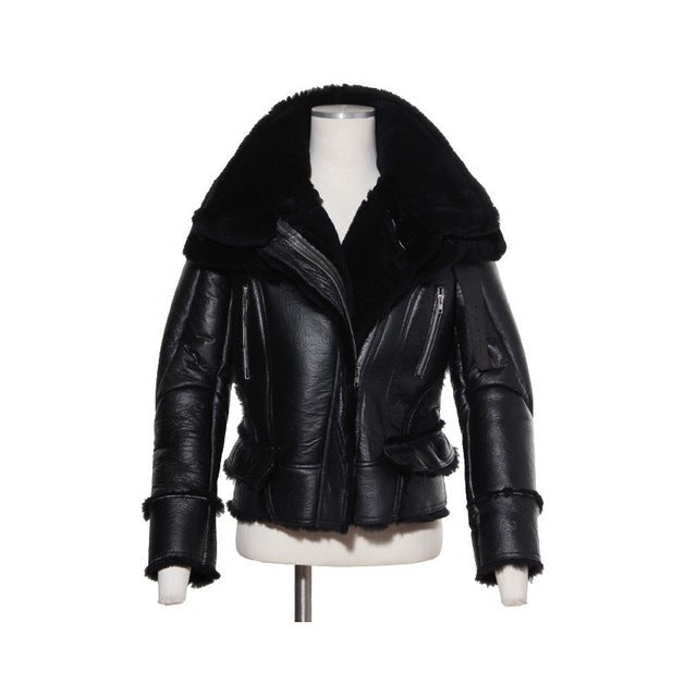 2019 New Mens Winter Lamb Wool Real Fur Aviator Jacket Fur Lining Motorcyle Shearling Leather Coat Slim Fit Flight Bomber Jacket