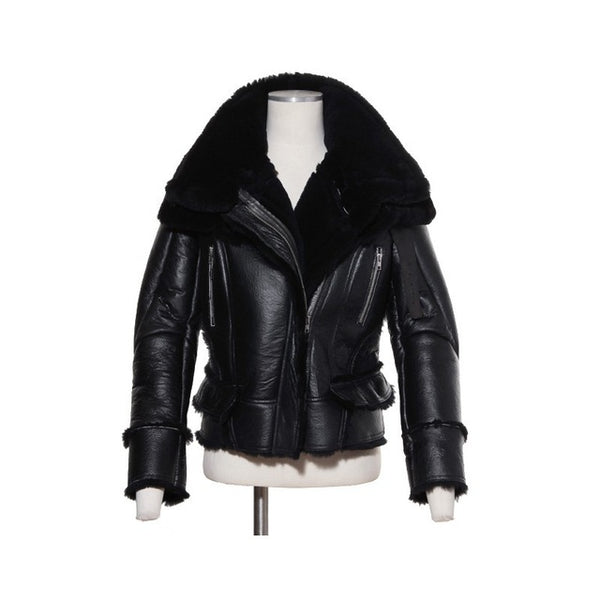 2019 New Mens Winter Lamb Wool Real Fur Aviator Jacket Fur Lining Motorcyle Shearling Leather Coat Slim Fit Flight Bomber Jacket