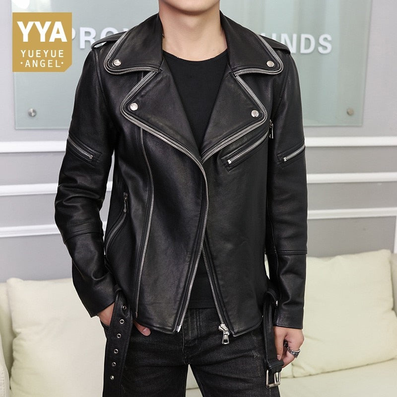 High Quality Luxury Genuine Leather Jacket Korean Slim Fit Sheepskin For Mens Biker Jacket Pocket Zipper Outerwear Male M-2XL