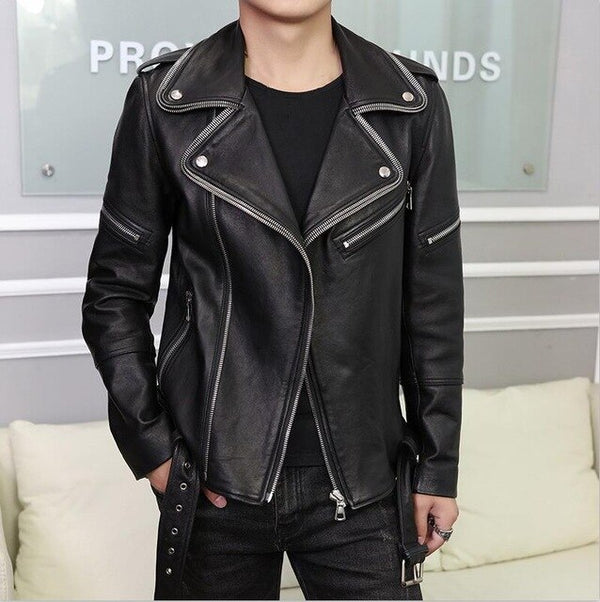 High Quality Luxury Genuine Leather Jacket Korean Slim Fit Sheepskin For Mens Biker Jacket Pocket Zipper Outerwear Male M-2XL