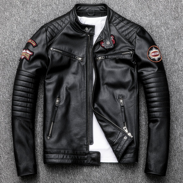 2019 Fashion New Indian Skull Motorcycle Genuine Leather Jacket Men Stand Collar Slim Fit Youth Cowhide Leather Coat