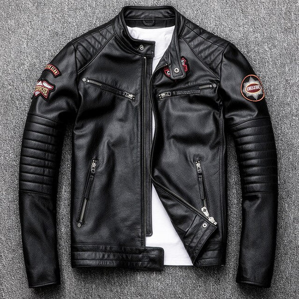 2019 Fashion New Indian Skull Motorcycle Genuine Leather Jacket Men Stand Collar Slim Fit Youth Cowhide Leather Coat
