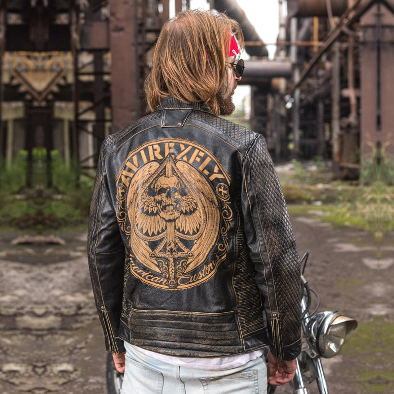 AVIREXFLY Men Motorcycle Leather Jacket Genuine 100% Real Cowskin Embroidery skulls Biker Jacket Winter Coats