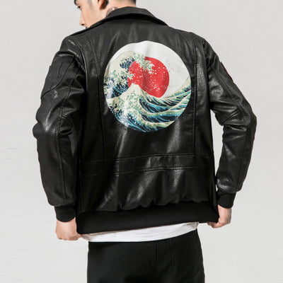 Man Leather Jacket  Mens Crane Print Black Leather Jacket Male Streetwear Fall Bomber Jacket Outerwear Faux Leather Coat 5XL