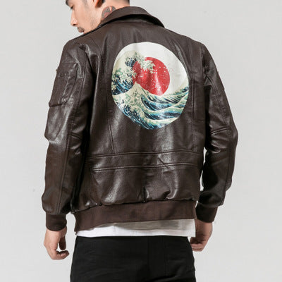 Man Leather Jacket  Mens Crane Print Black Leather Jacket Male Streetwear Fall Bomber Jacket Outerwear Faux Leather Coat 5XL