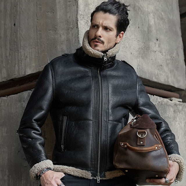 Mens Aviator B3 Sheepskin Shearling Jacket Leather jacket for men Motorcycle Jacket Casual Coat