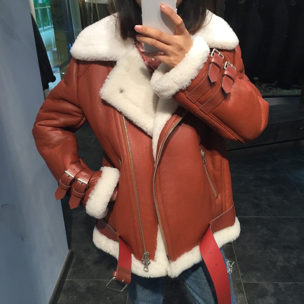 SQXR FUR lady  leather jacket women shearling leather jacket high quality women fur coat double-faced fur jacket