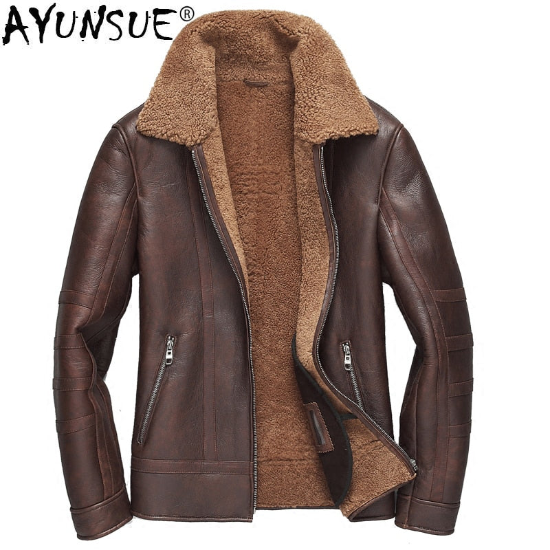 AYUNSUE Short Genuine Leather Jacket Men Sheep Shearling Coat Luxury Mens Sheepskin Coat Wool Fur Jackets Man 2019 KJ1279