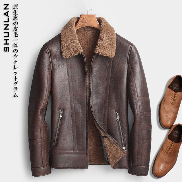AYUNSUE Short Genuine Leather Jacket Men Sheep Shearling Coat Luxury Mens Sheepskin Coat Wool Fur Jackets Man 2019 KJ1279