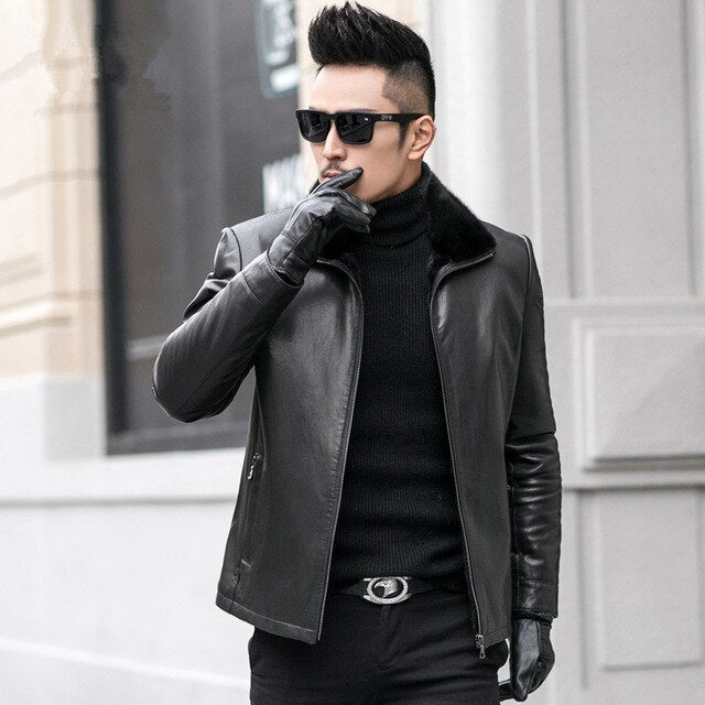 AYUNSUE Real Sheepskin Leather Jackets Men Real Mink Fur Collar Coat Genuine Leather Jacekt Mens  Coats JM-536-59 MY740