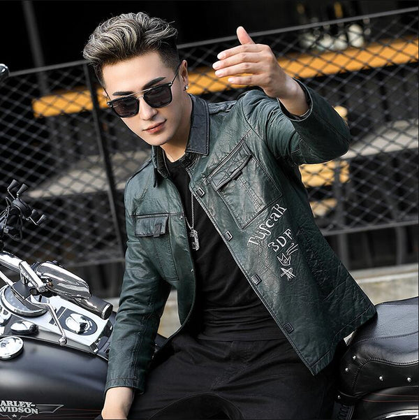 2019 New Men's Genuine Leather Jacket Sheepskin short motorcycle leather coat Dark green lapel slim  leather jackets