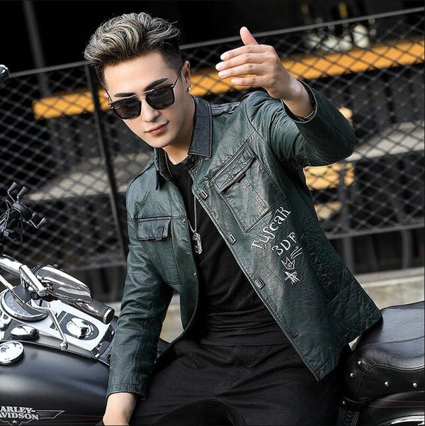 2019 New Men's Genuine Leather Jacket Sheepskin short motorcycle leather coat Dark green lapel slim  leather jackets