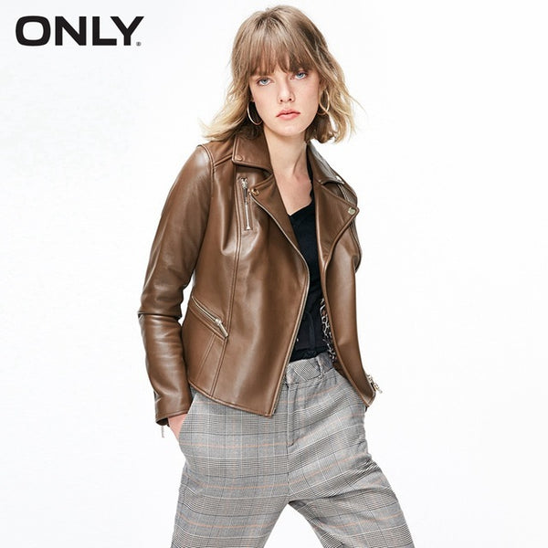 ONLY  Women's Back Waist Zip Lapel Leopard Print Lining Leather Jacket