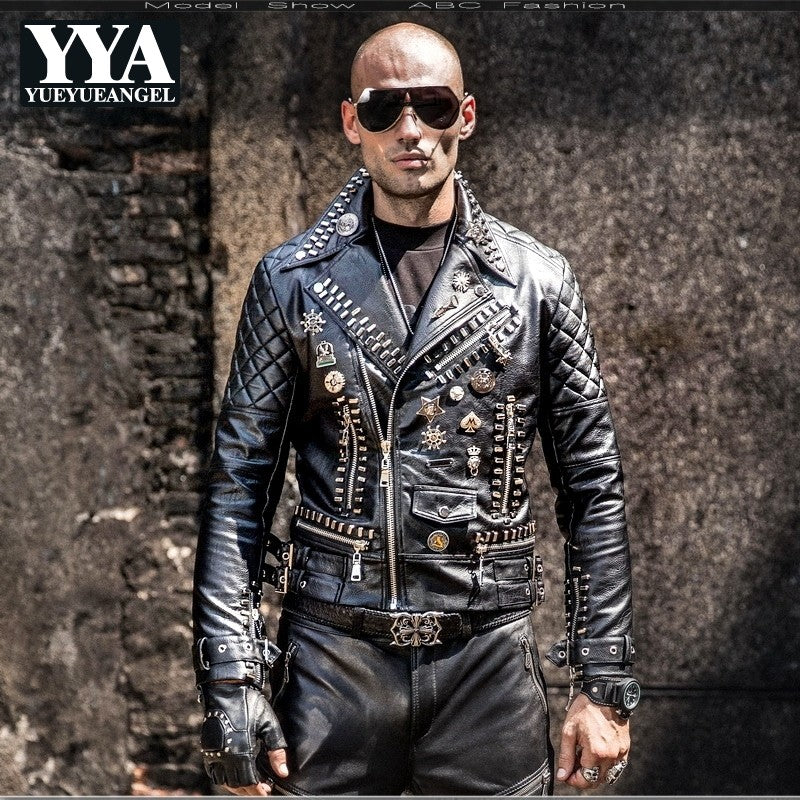 2019 New Motorcycle PU Faux Leather Jackets Men Hip Hop Rivet Punk Style Lapel Fashion Zipper Coats Korean Slim Male Overcoats