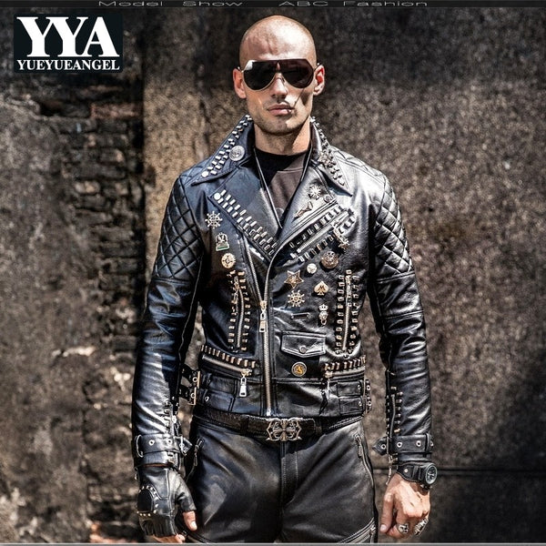 2019 New Motorcycle PU Faux Leather Jackets Men Hip Hop Rivet Punk Style Lapel Fashion Zipper Coats Korean Slim Male Overcoats
