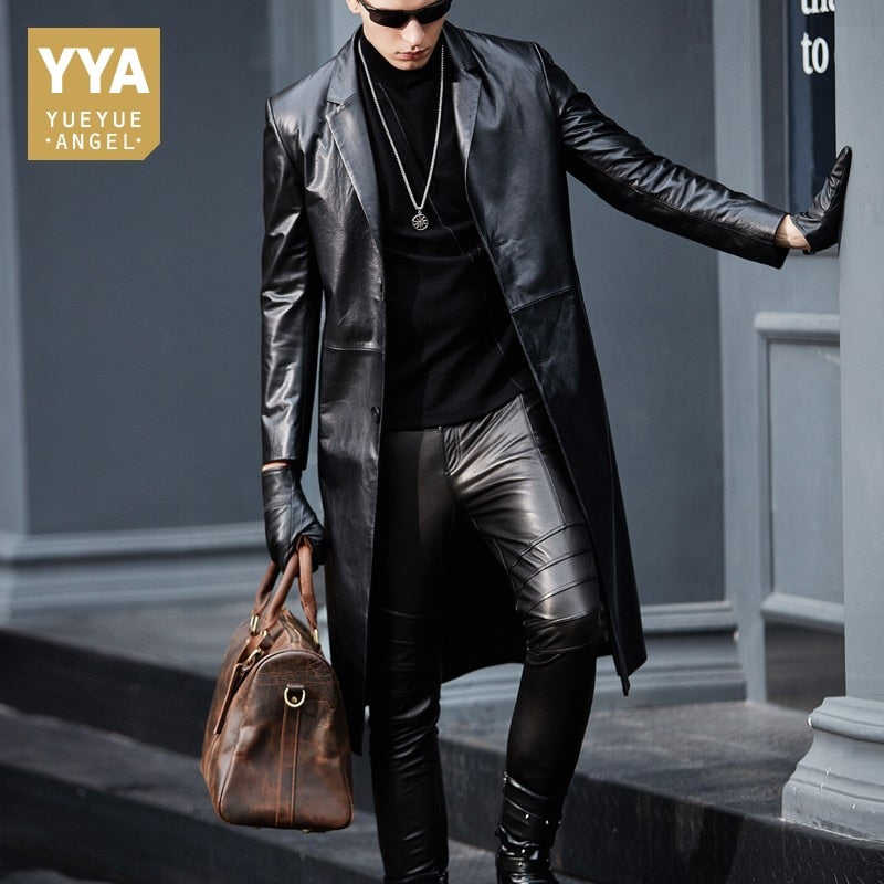 2019 New Designer Luxury Cowskin Windbreaker Men Slim Long Genuine Leather Jackets Autumn Business Casual Real Cow Leather Coats