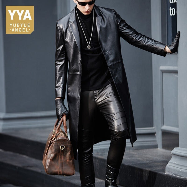 2019 New Designer Luxury Cowskin Windbreaker Men Slim Long Genuine Leather Jackets Autumn Business Casual Real Cow Leather Coats